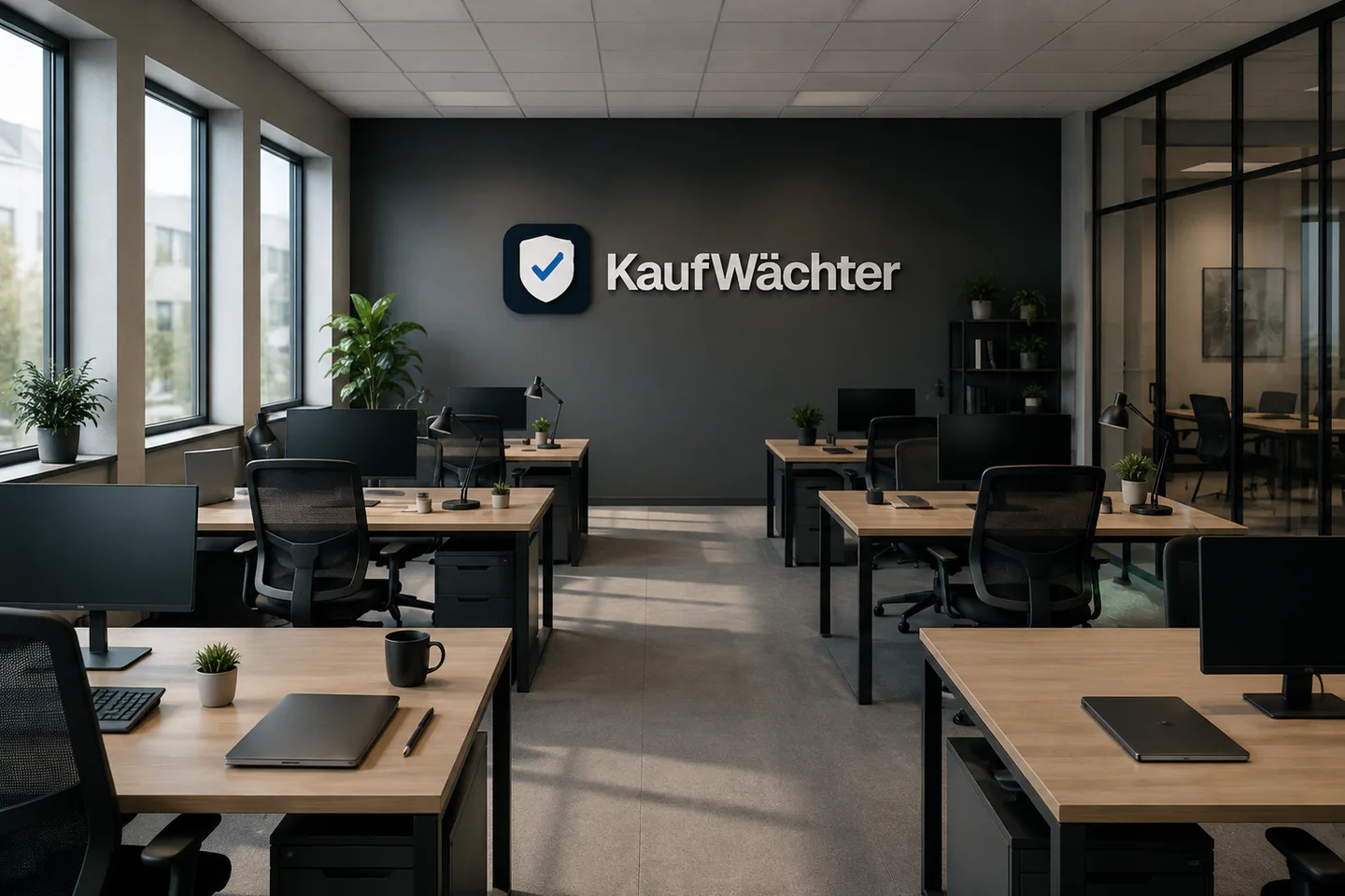 Helles KaufWächter-Büro mit Arbeitsplätzen und dem KaufWächter-Logo an der Wand.