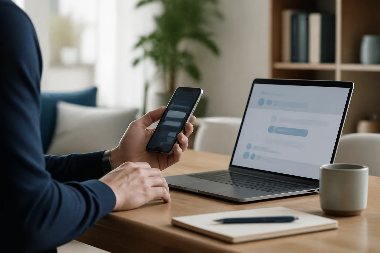 Eine Person prüft in ruhiger Umgebung eine Nachricht auf dem Smartphone neben einem Laptop.