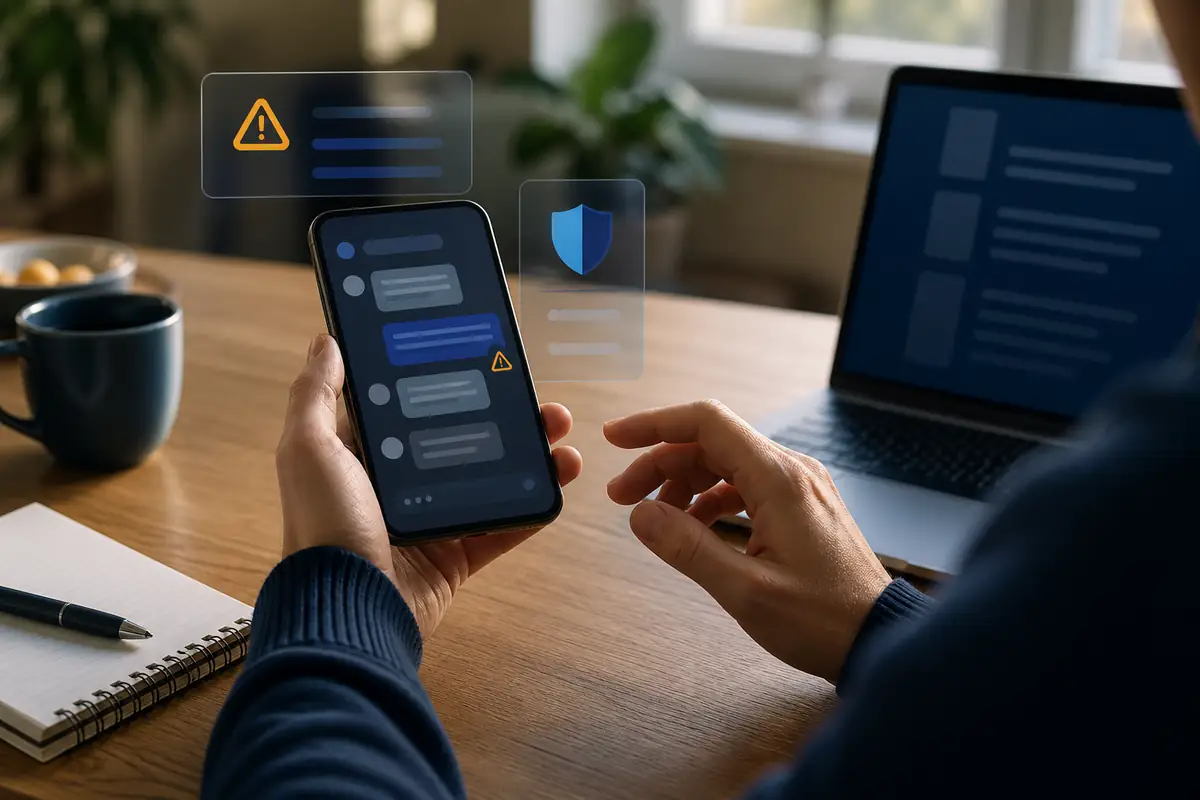 Person prüft ein verdächtiges Jobangebot auf dem Smartphone am heimischen Arbeitsplatz
