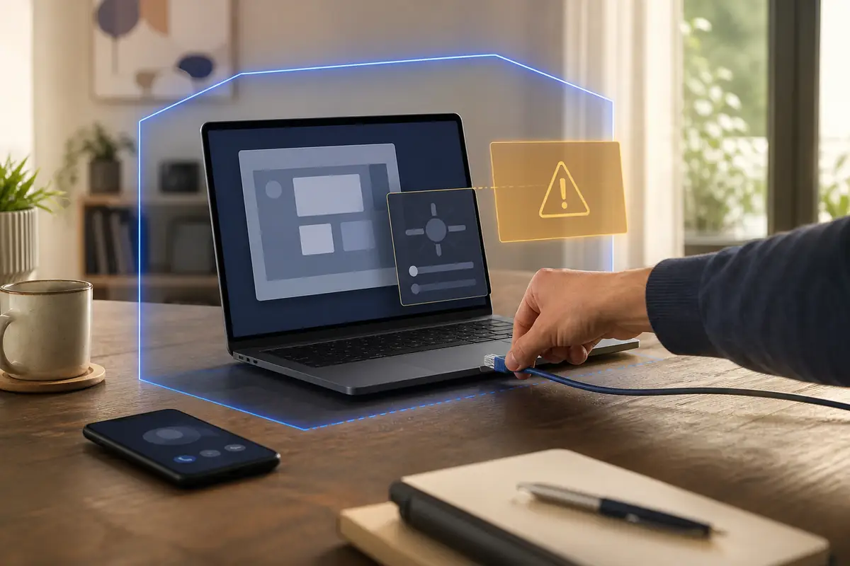 Hand trennt einen Laptop mit abstraktem Fernzugriffsfenster vom Netzwerk